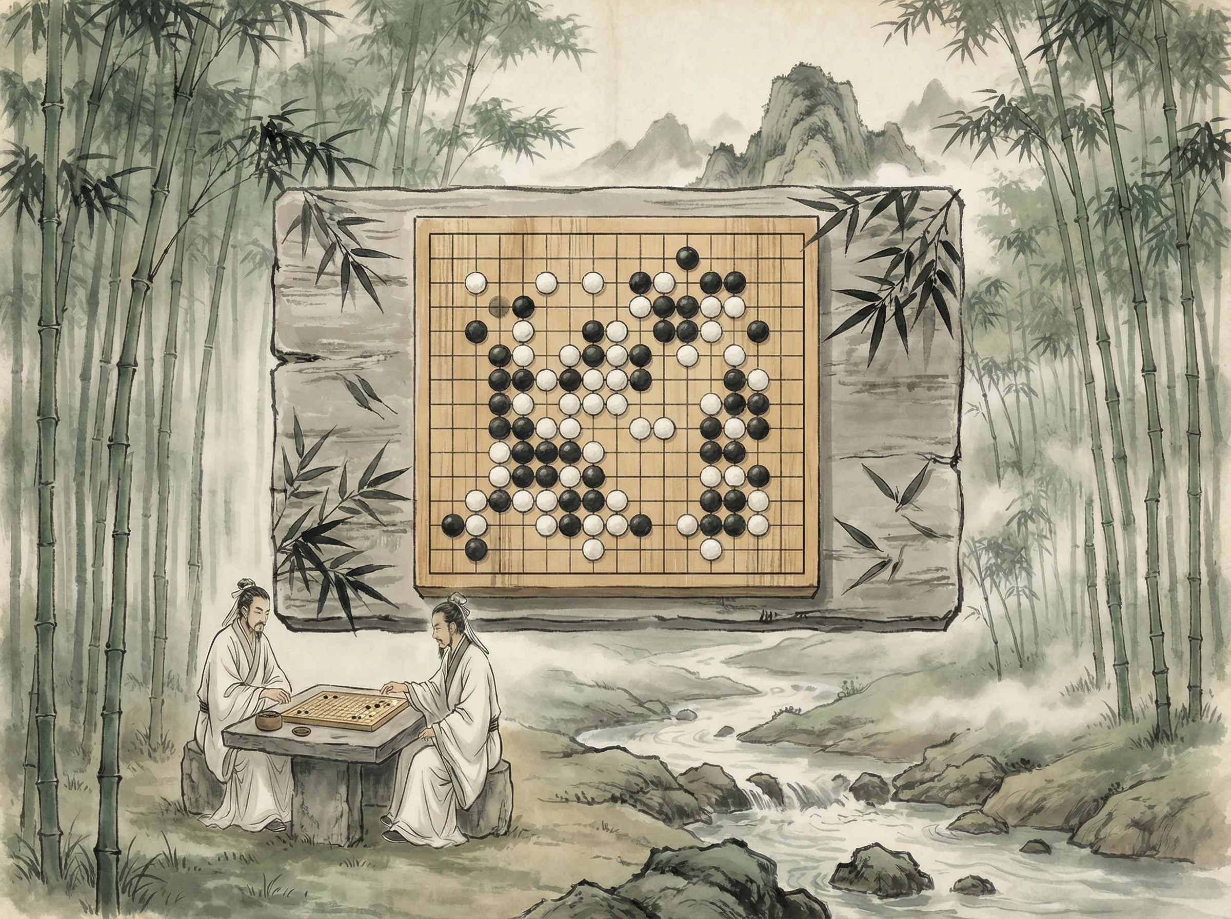 竹林悟道局 gg扑克 棋盘布局，黑白子对峙